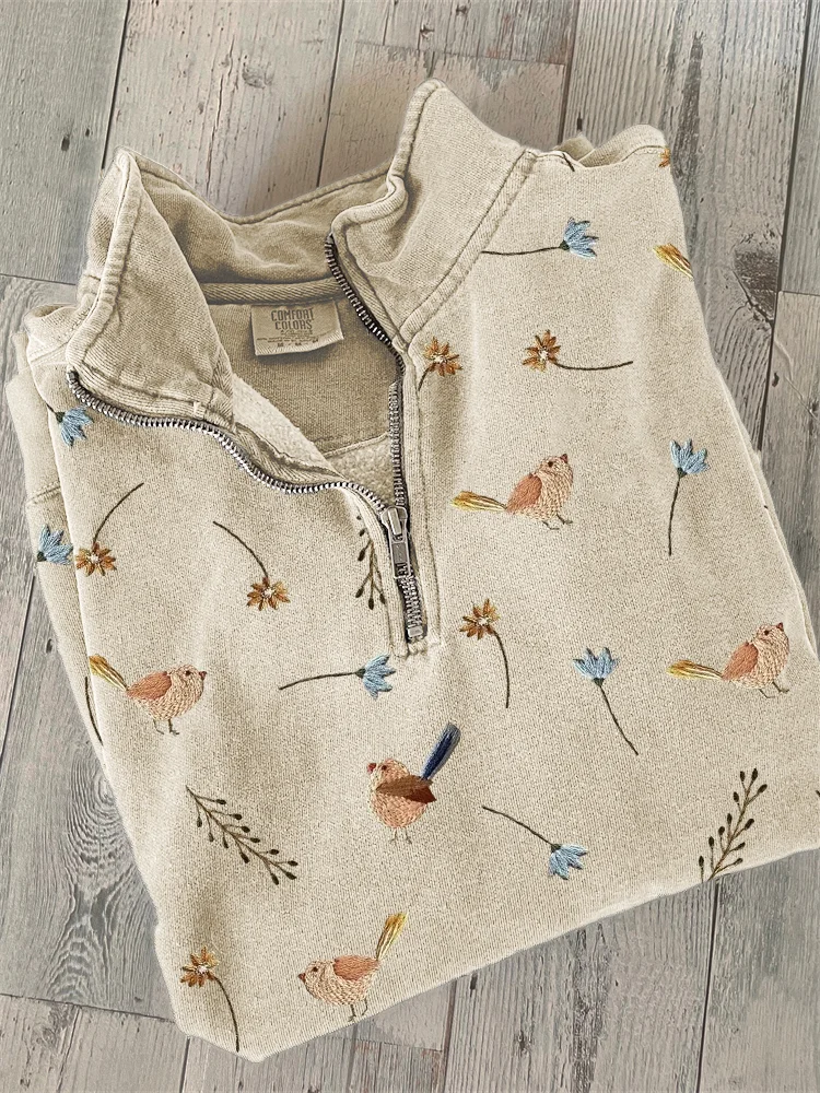 Birds Floral Embroidery Pattern Zip Up Sweatshirt