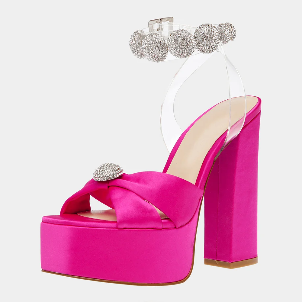 Hot Pink Satin Opened Toe Slingback Clear Rhinestone Strappy Platform Mules With Chunky Heels Nicepairs