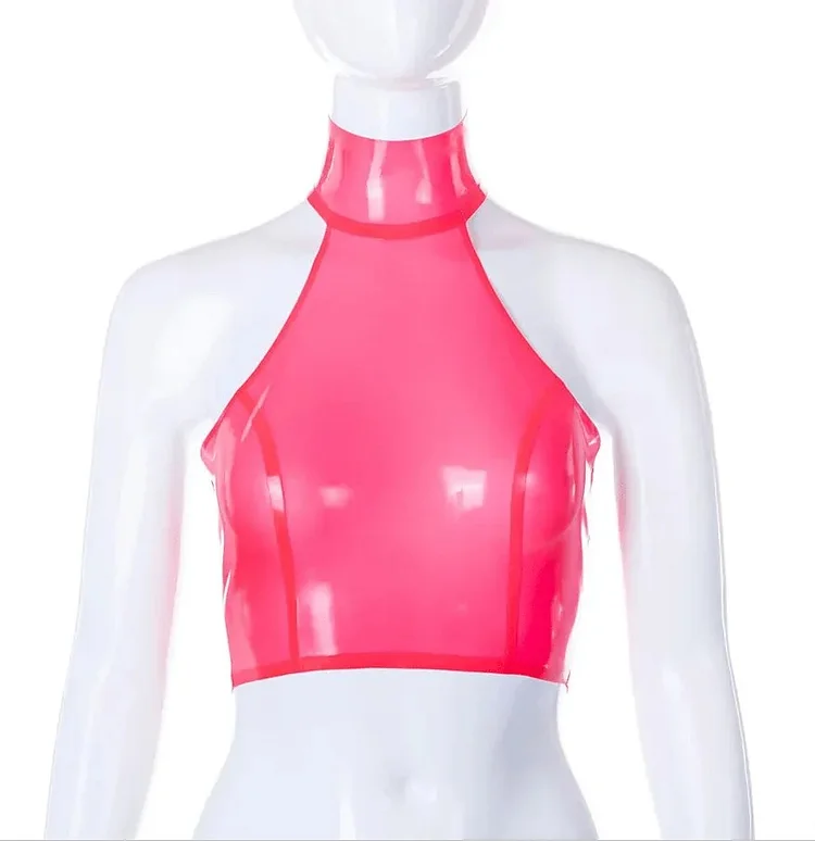 Women Latex Tops Translucent Pink Halter Neck Crop Top