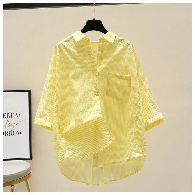 Athvotar Athvotar Pink Striped Shirt 2025 Summer New Women's Art Small Fresh Bat Sleeve Single Pocket Collar Top