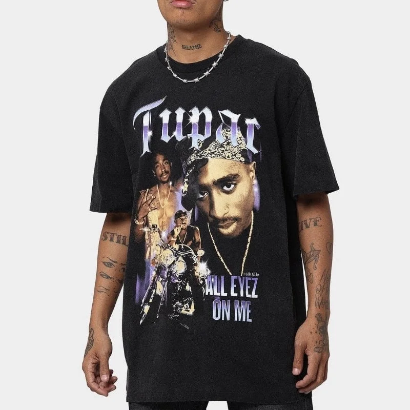 Aonga 2PAC Rap ALL EYEZ Motorbike Tupac Print T-Shirt Playboi Carti Hip Hop Tshirt Unisex Short Sleeve Summer Streetwear Tops Tees