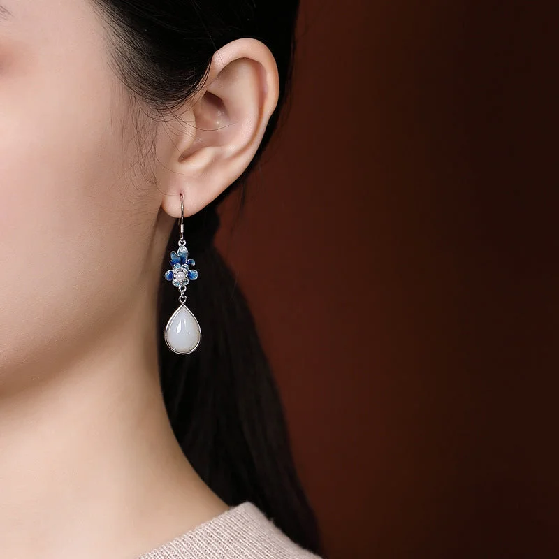 Fengshui Pearl White Jade Luck Drop Earrings