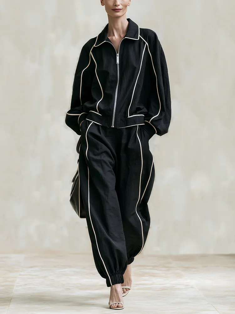 Black Contrast Piping Zip-Up Jacket & Jogger Set &ndash; Luxury Oversized Track Suit For Women