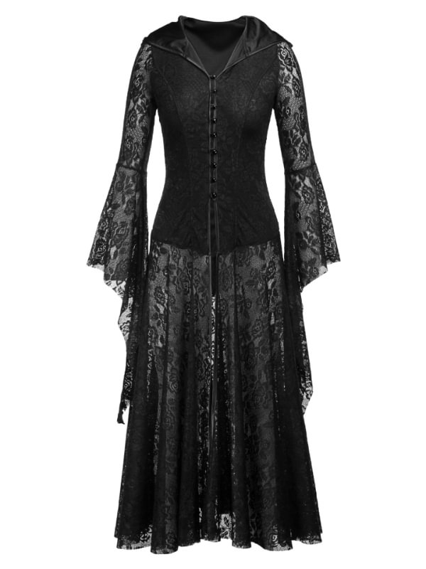 Vintage Lace Paneled Buttoned Hooded Dress
