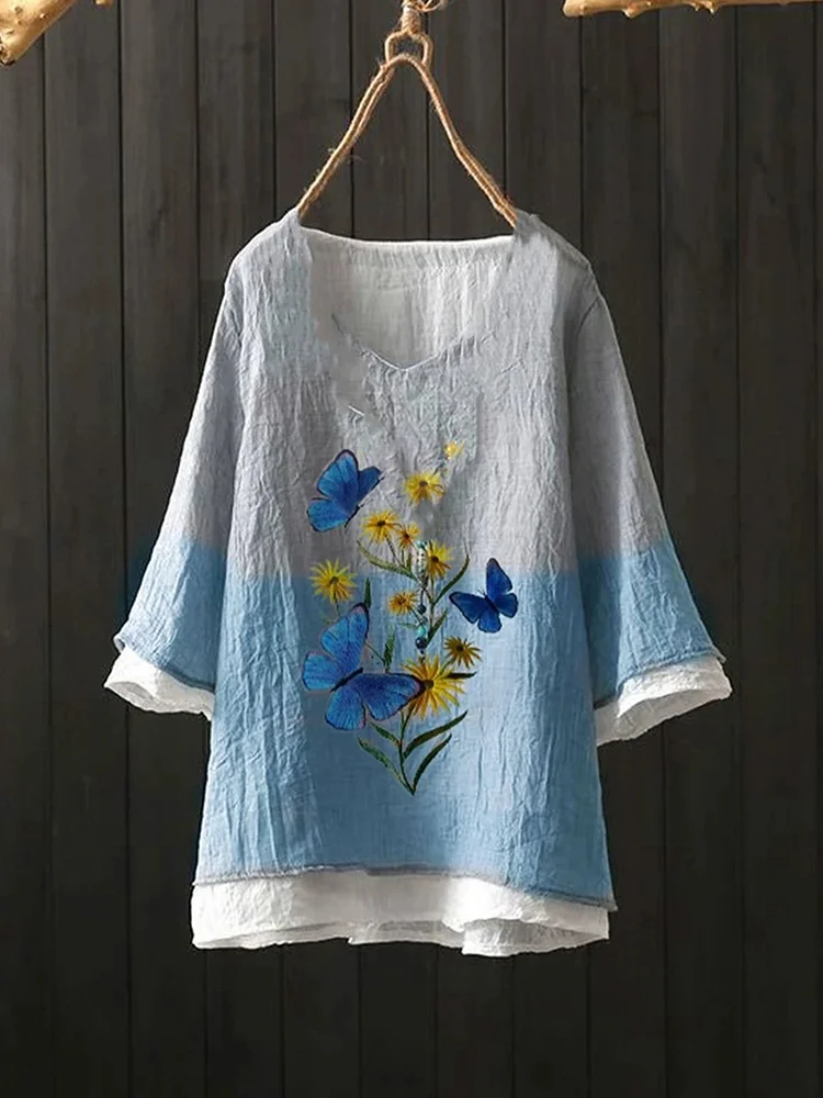 Gradient butterfly-print cotton top