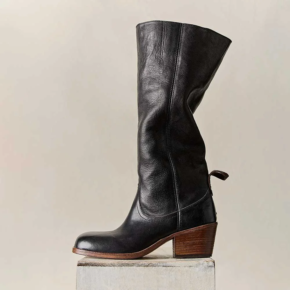 Black Square Toe Studded Mid Block Heel Long Boots for Women