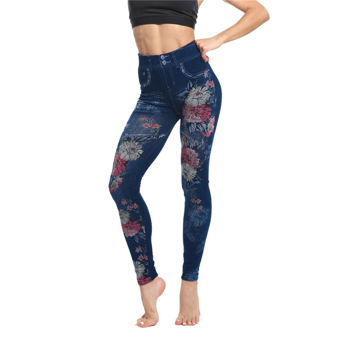 Women casual baggy jeans high waist camouflage flower printed slim fit simulation stitching jeans leggings denim clothing Blue