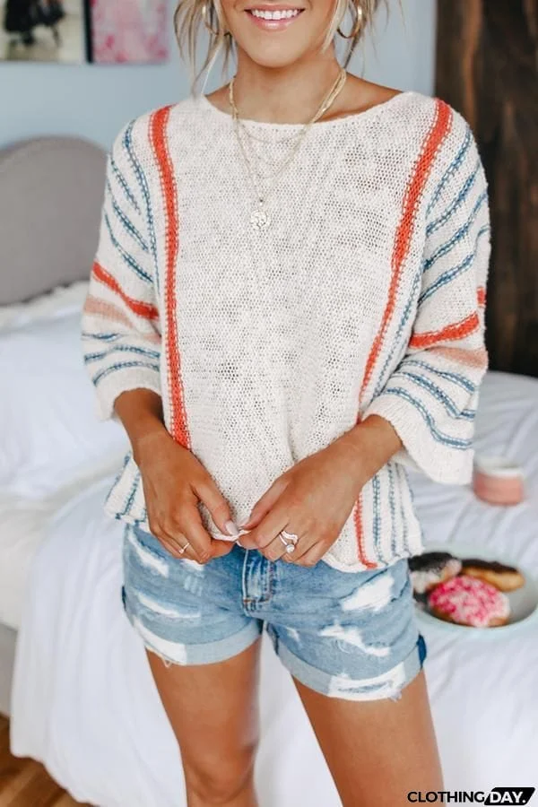 Casual Flared Sleeve Striped Sweater