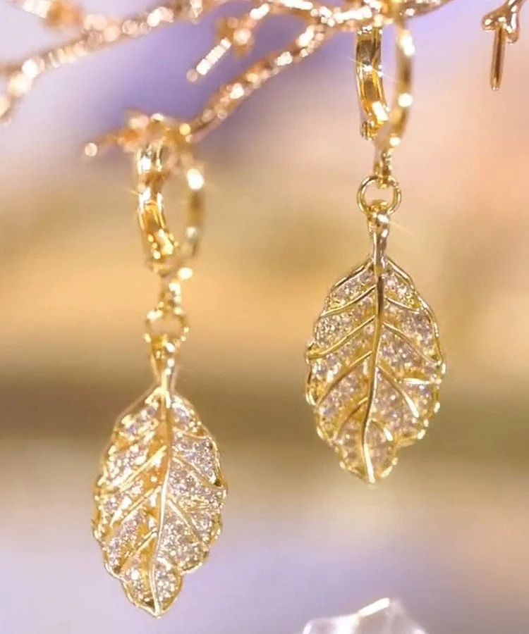 Modern Gold Copper Overgild Zircon Leaf Drop Earrings