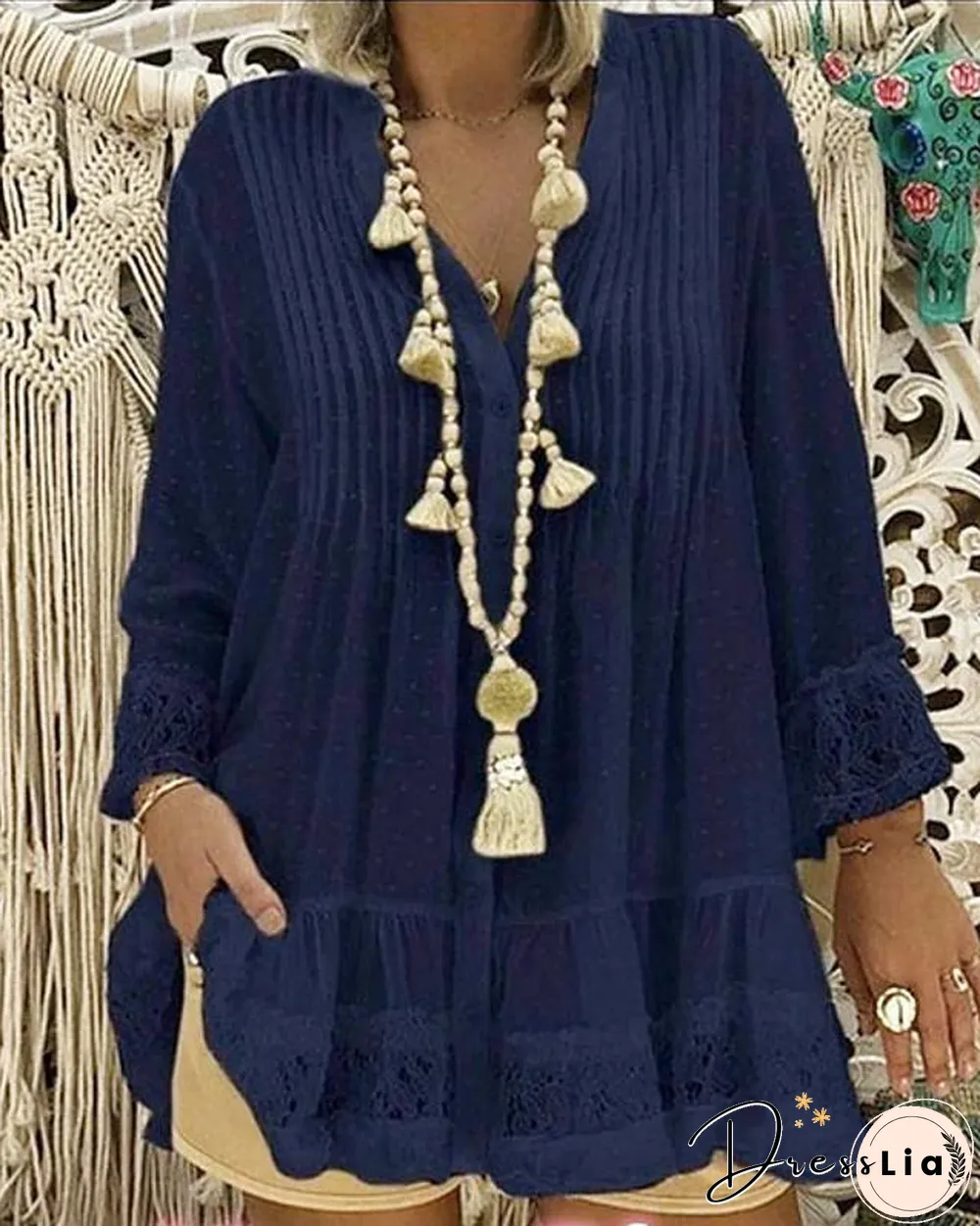 Women's Plus Size Blouse Shirt Solid Colored Long Sleeve Lace Pleated V Neck Tops Loose Basic Top White Blushing Pink Khaki-817