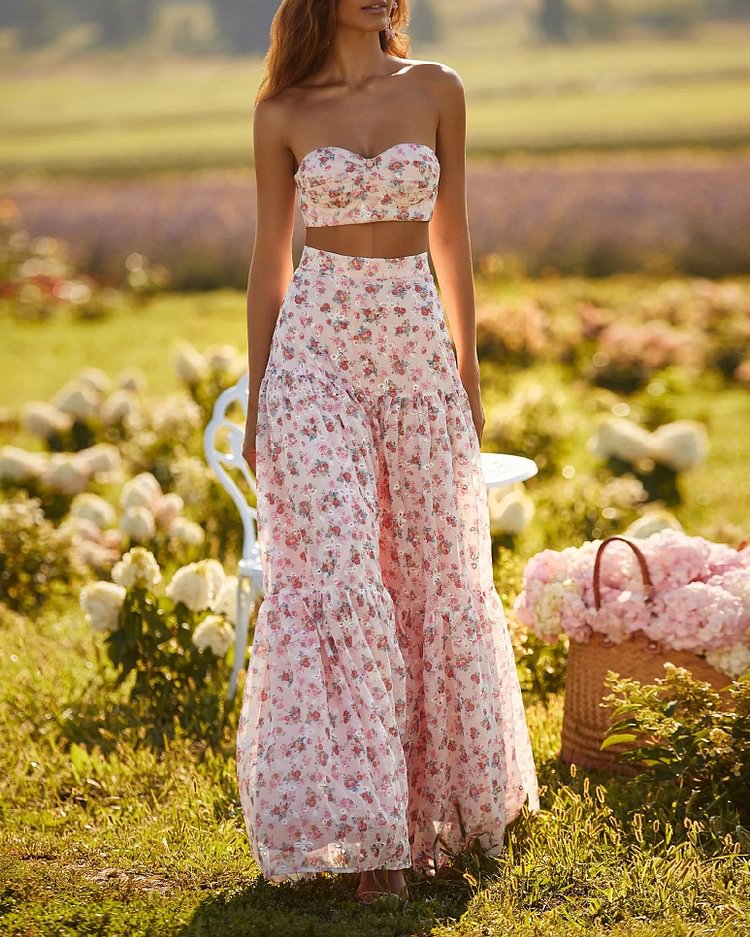 Elegant Tube Top Vest Elegant Floral Long Dress Set