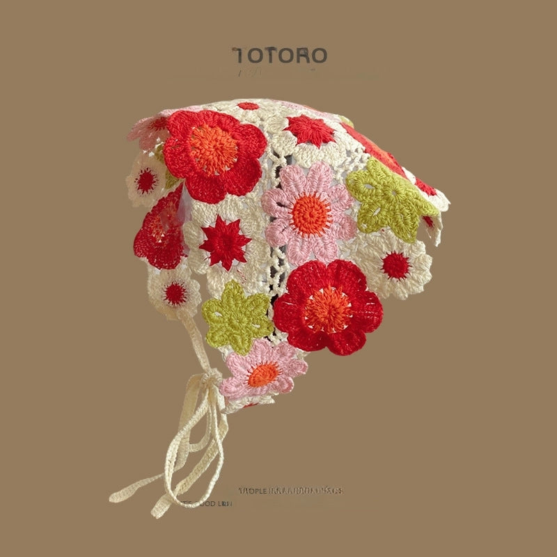 French Retro Turban Women’s Triangle Scarf Hair Belt Spring And Summer Travel Sweet Cute Handmade Crochet Artistic Style Baotou Hat