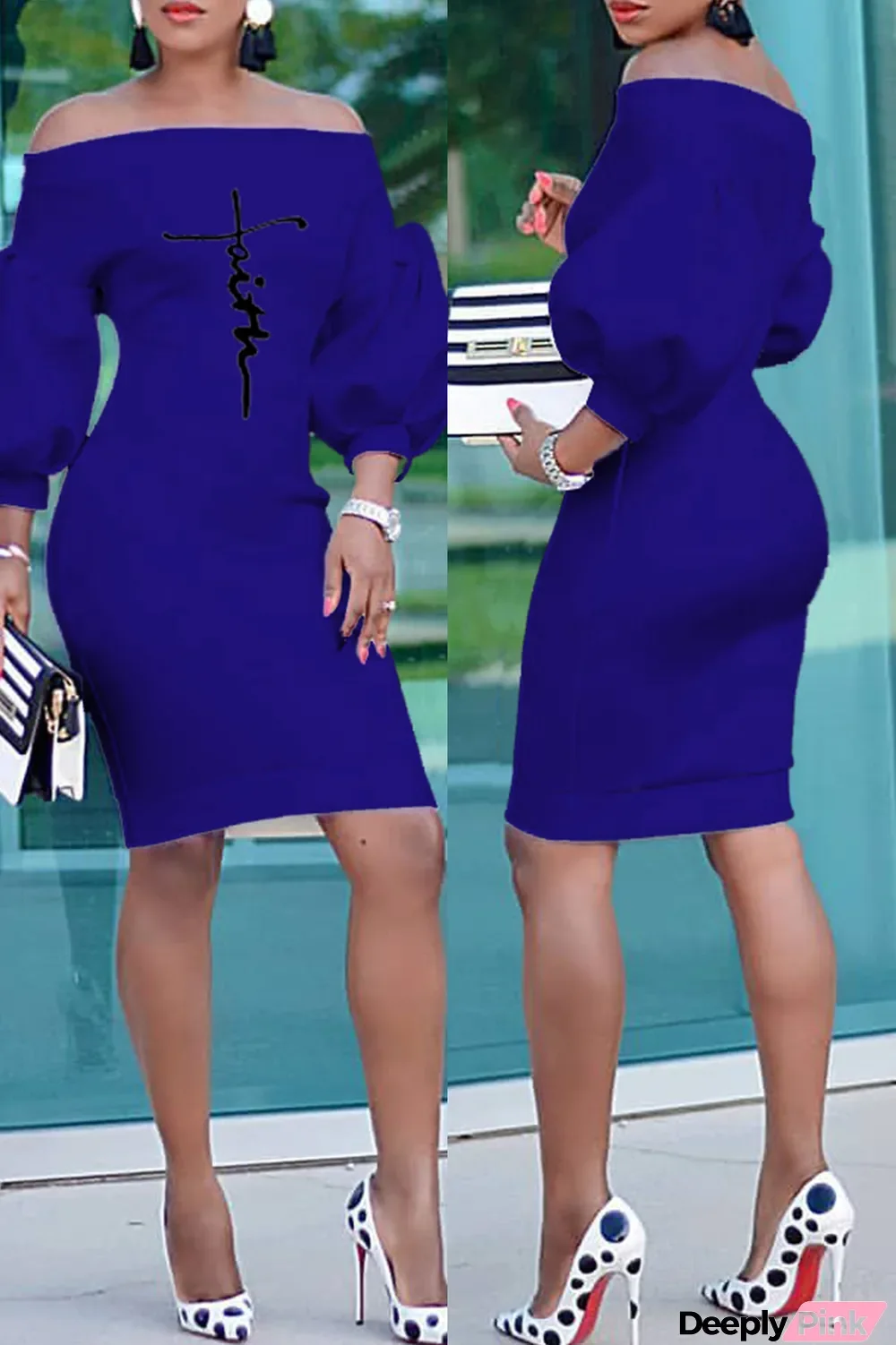 Deep Blue Fashion Casual Print Basic Off the Shoulder Long Sleeve Dresses