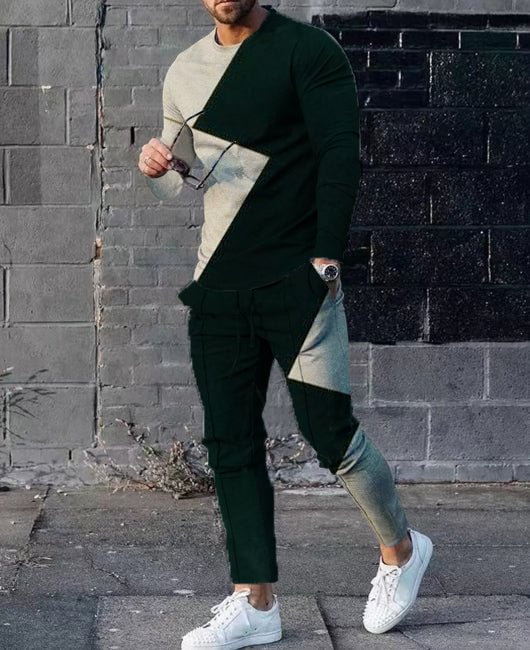 Two Tone Geometric Pattern Casual Shirt & Pants Set