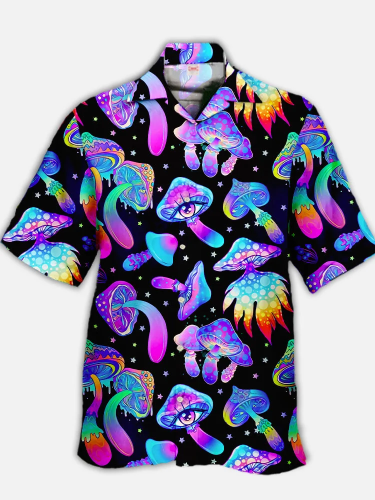 Eye-Catching Psychedelic Colorful Mutant Mushrooms Printing Cuban Collar Hawaiian Short Sleeve Shirt BestDVibe
