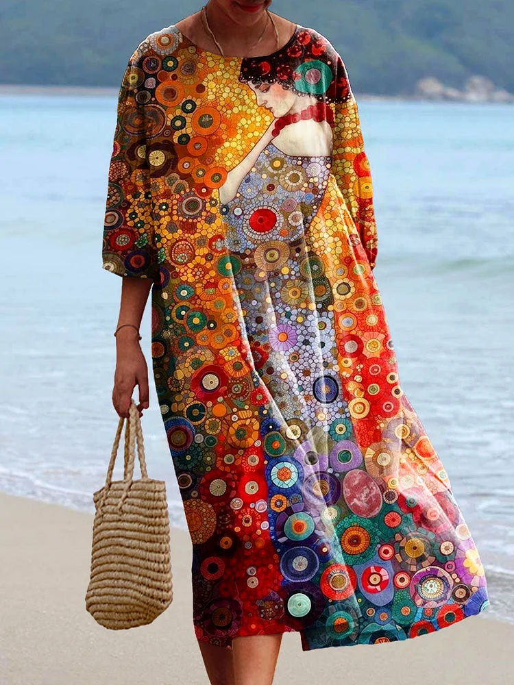 Women's Vintage Flowers Art Print Flowy Cotton Crew Neck Dress