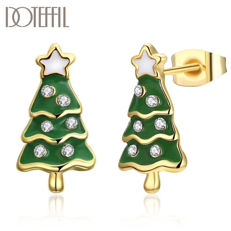 DOTEFFIL 925 Sterling Silver/18K Gold Star Christmas Tree AAA Zircon Earrings Women Jewelry 