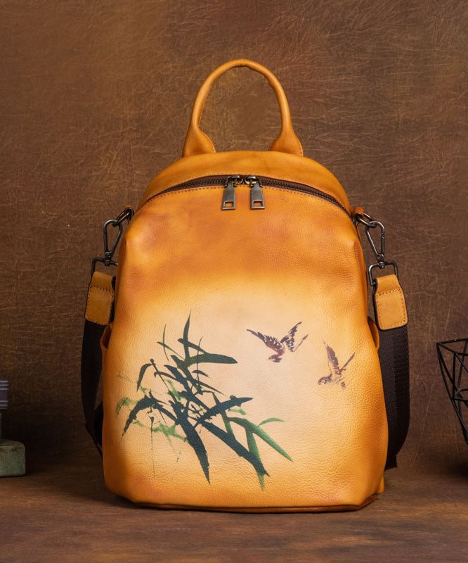 Art Yellow Print Paitings Calf Leather Backpack Bag CK125- Fabulory