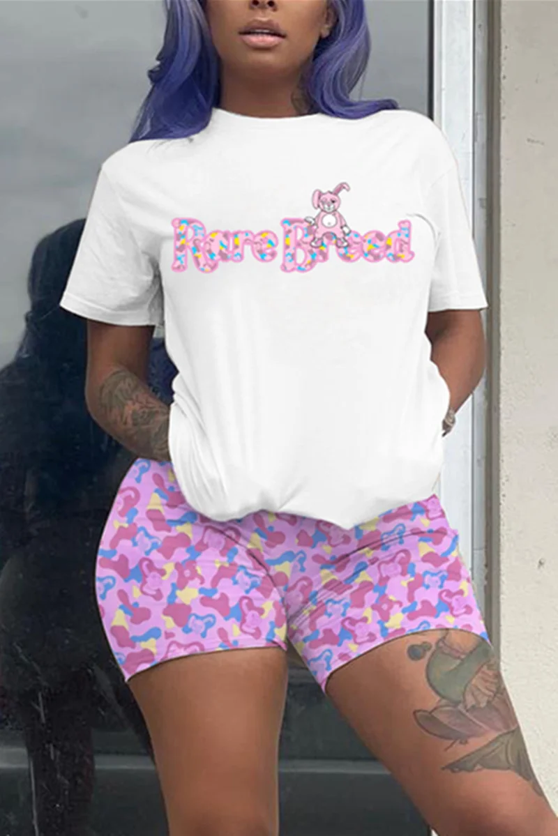 Pink Fashion Casual Printed Short Sleeve Shorts Set | EGEMISS