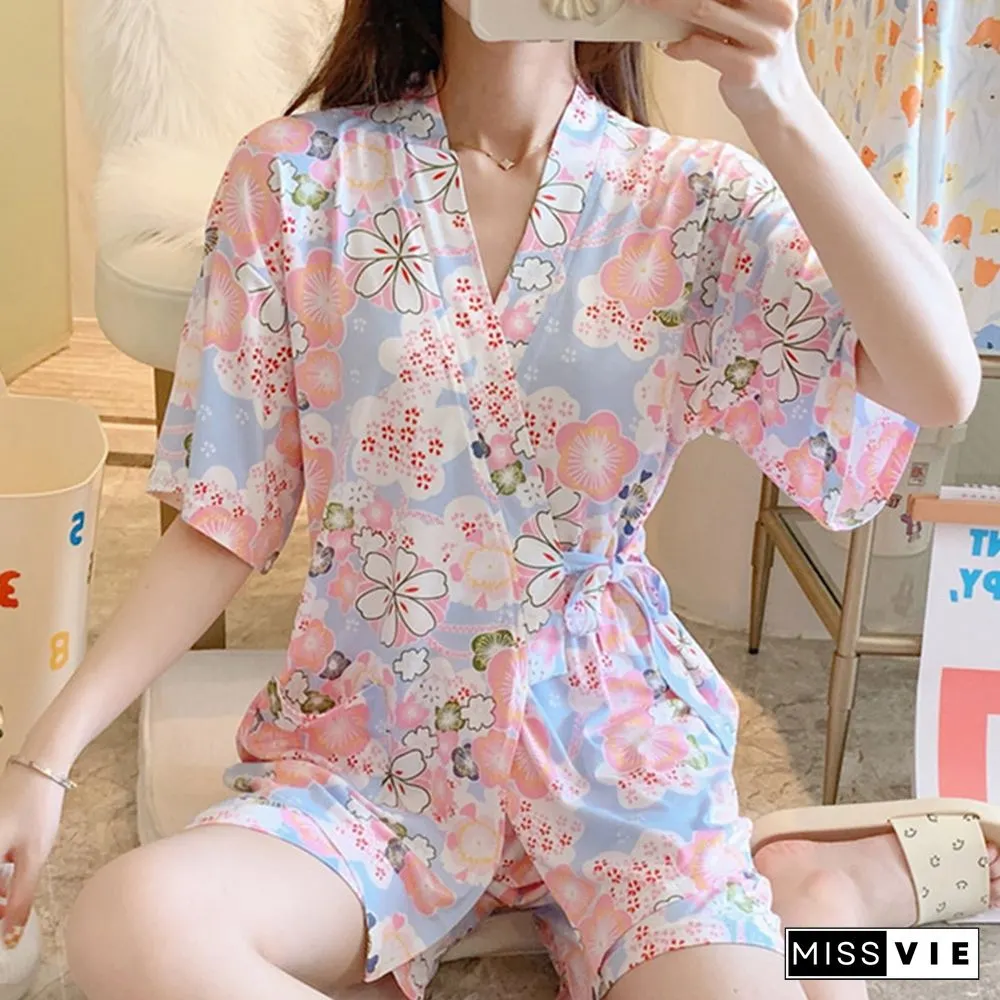 Floral Print Kimono Lace Up Pajamas Set