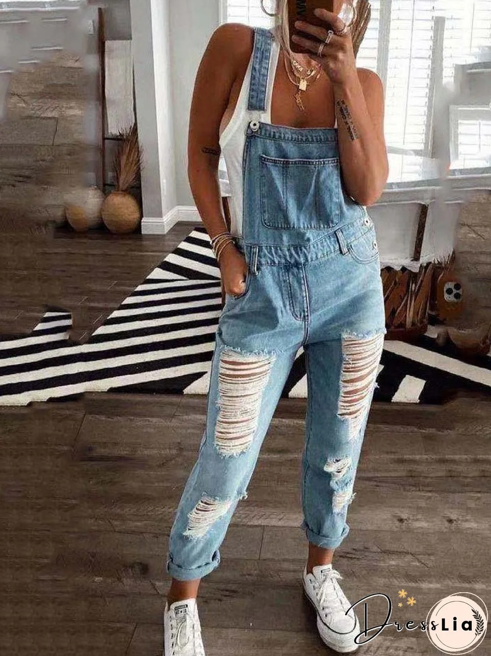 Women'S Jumpsuits Casual Ripped Pocket Denim Jumpsuit