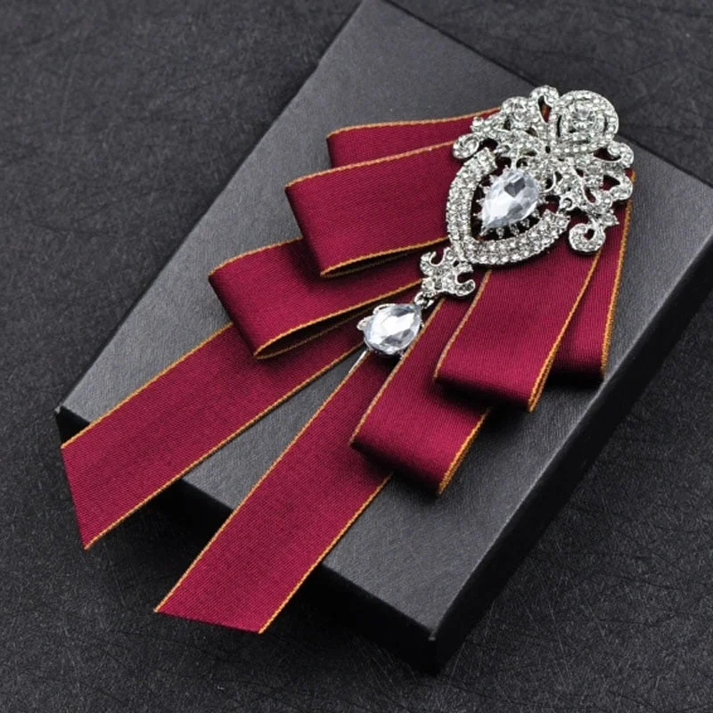 High-quality Fashion Handmade Red Diamond Bow Tie Wedding Collar Bowtie Brooch Pocket Towel Square Set Gifts for Men Accessories