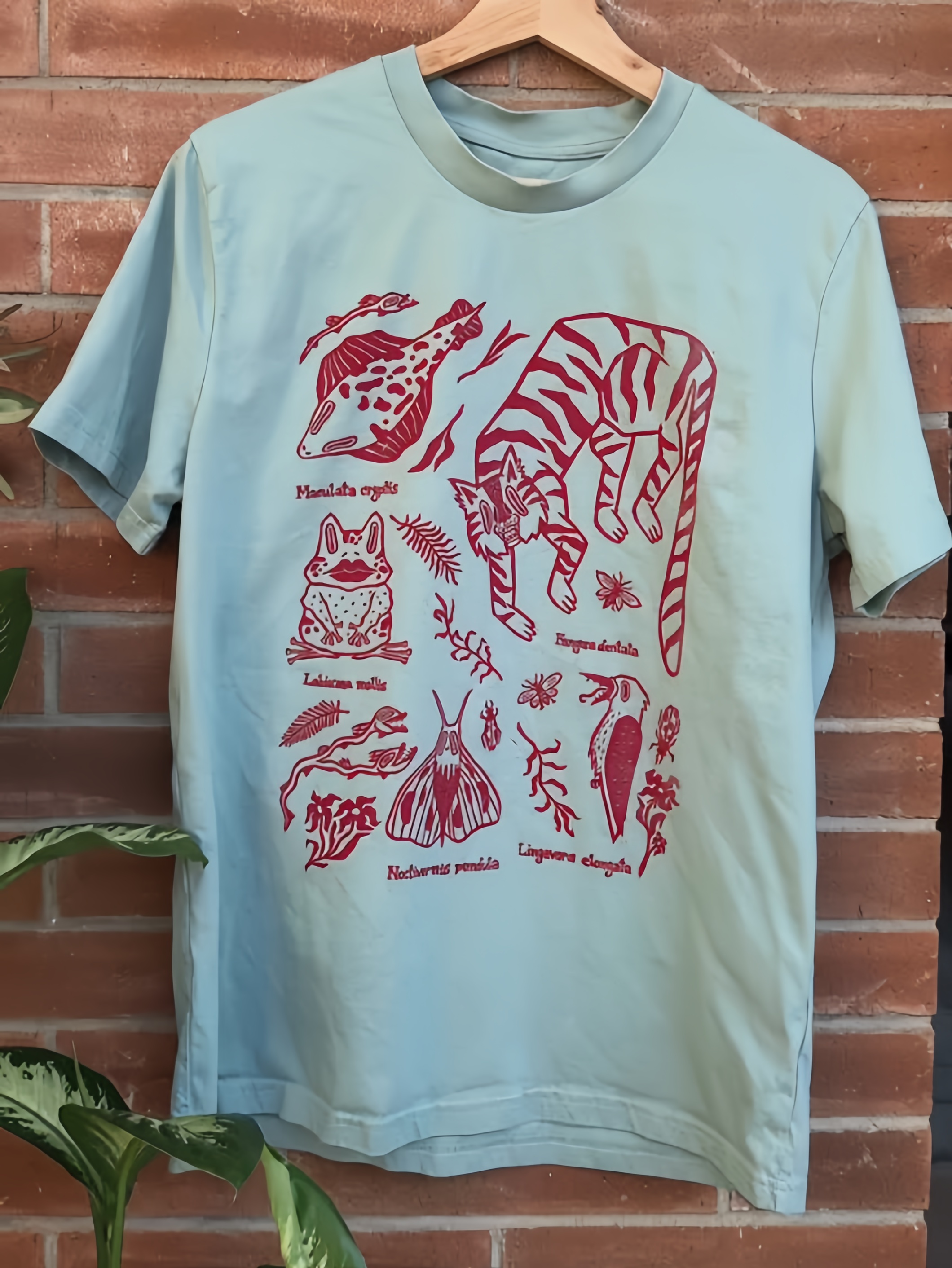 Vintage Wildlife Print Light Blue Cotton T-Shirt-Blue