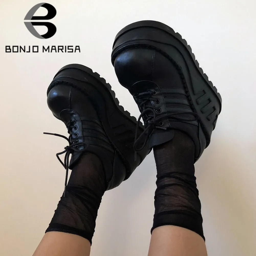 BONJOMARISA Brand Platform Wedges Lace Up Punk Gothic women's Sneakers Solid Black Punk Street Cool Round Toe Design Shoes Woman