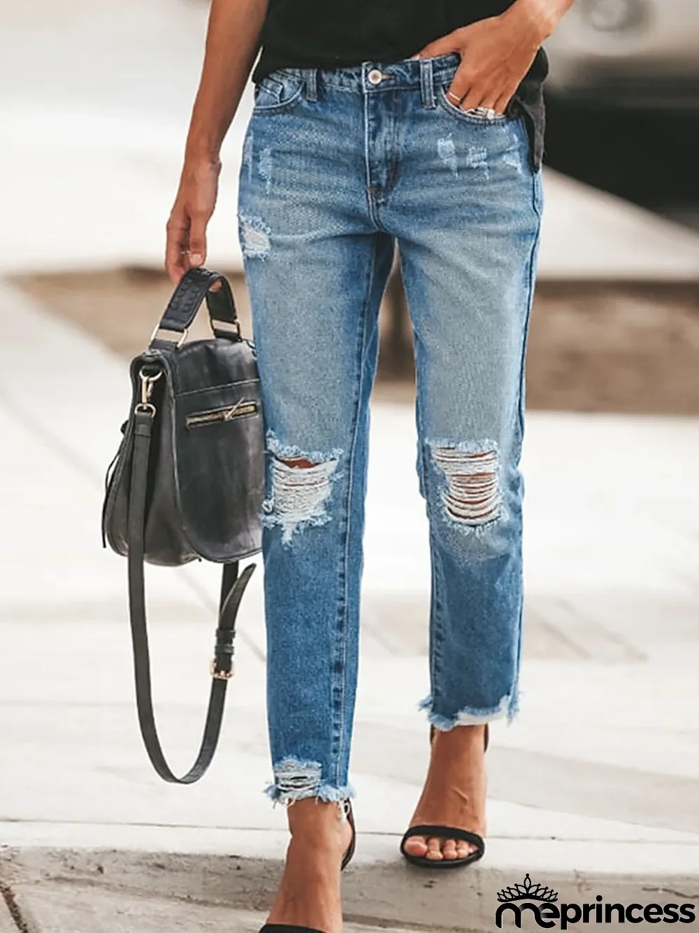 Women\u2018s Low\u00a0Rise\u00a0Jeans Pants Trousers Distressed Ankle-Length Denim Side Pockets Cut Out Micro-elastic Mid Waist Fashion Casual Weekend Black Blue S M Summer Spring & Fall