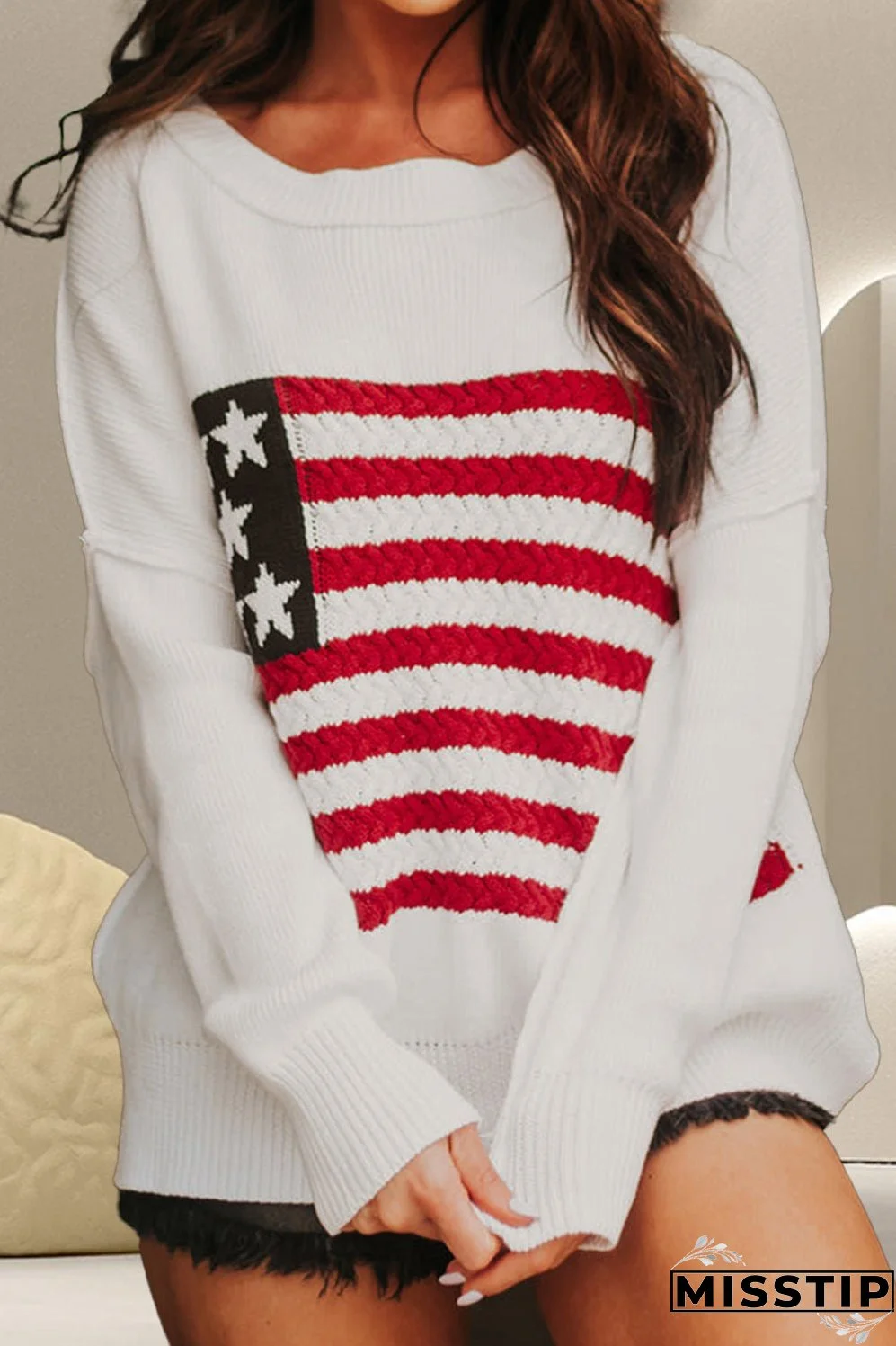 US Flag Round Neck Long Sleeve Knit Top