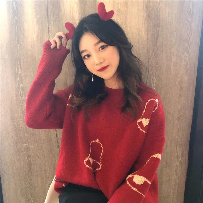 Sweaters Women Pullovers Christmas 2020 Round Neck Maglioni Korean Vintage Fluffy Large Size Red Sweaters Jersey Mujer Female