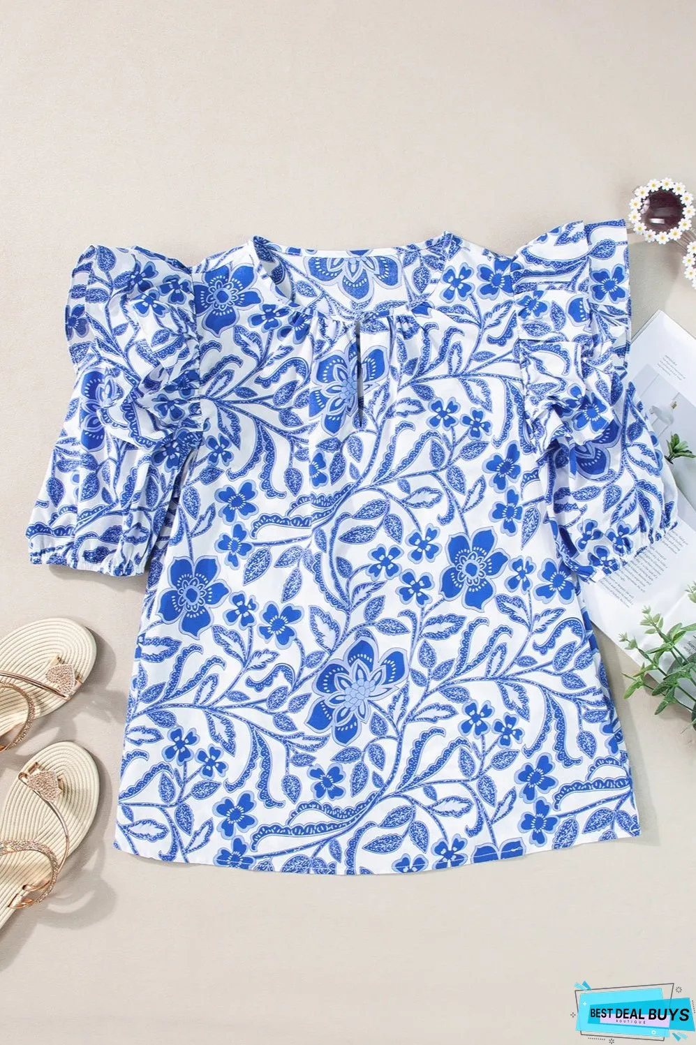 Printed Notched Half Sleeve Blouse
