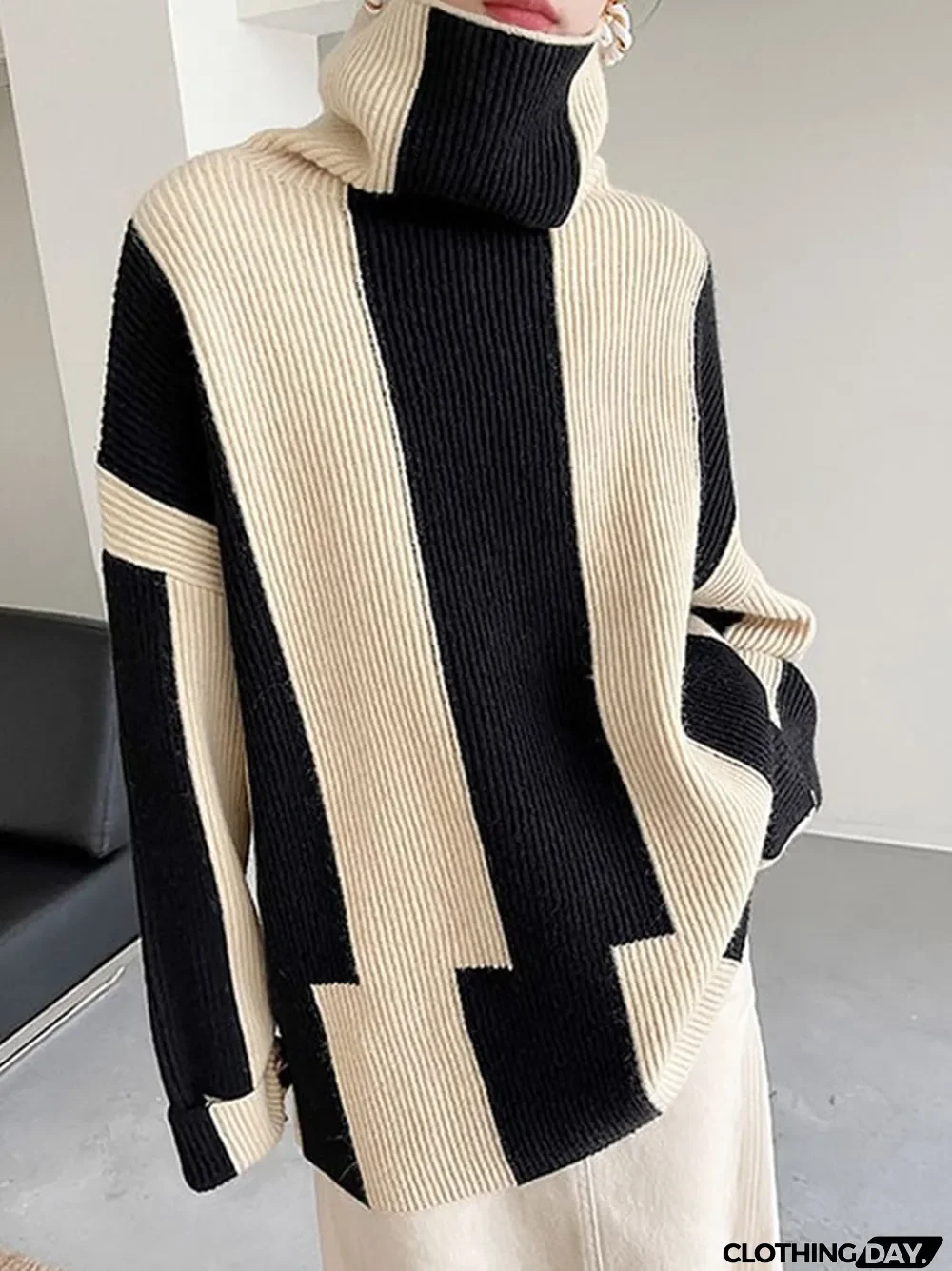 Women's Fashion Color Blocking Contrast Oversized Turtleneck Sweater