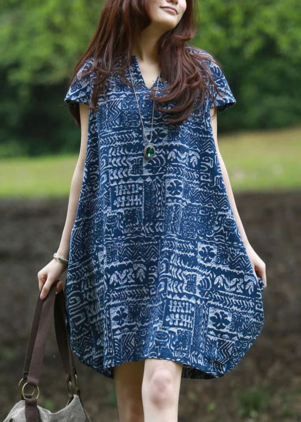 Modern Blue V Neck Print Patchwork Linen Mid Dresses Summer