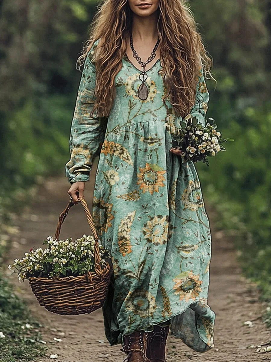 Women's Vintage Lovely Floral Art Print Pocket Cotton Dress