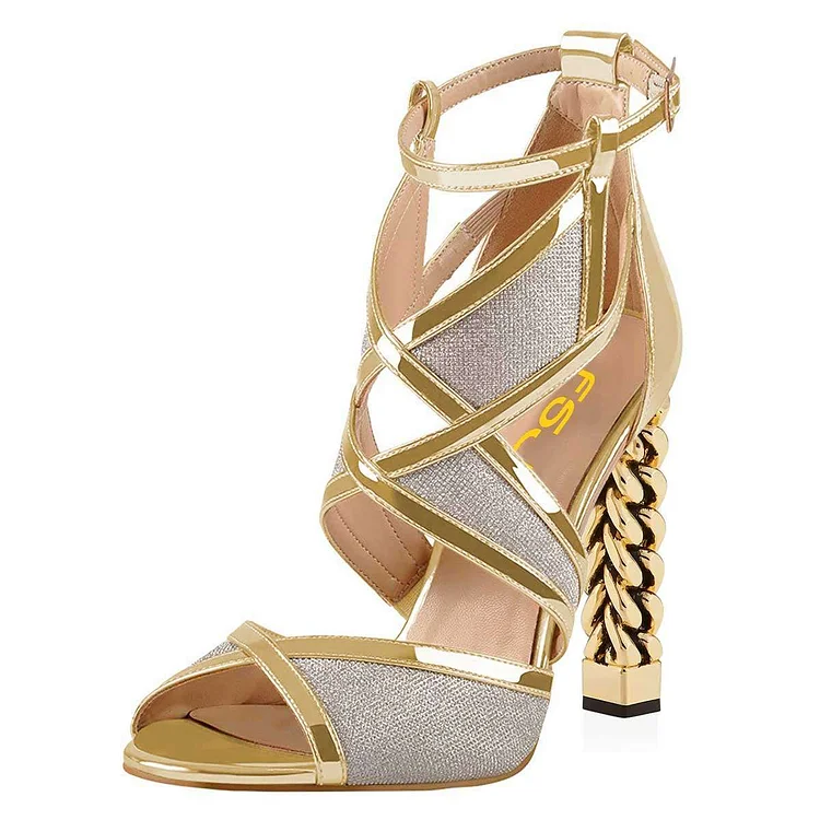 Dazzling Gold and Silver Open Toe Chunky Heel Sandals with Ankle Strap. Vdcoo
