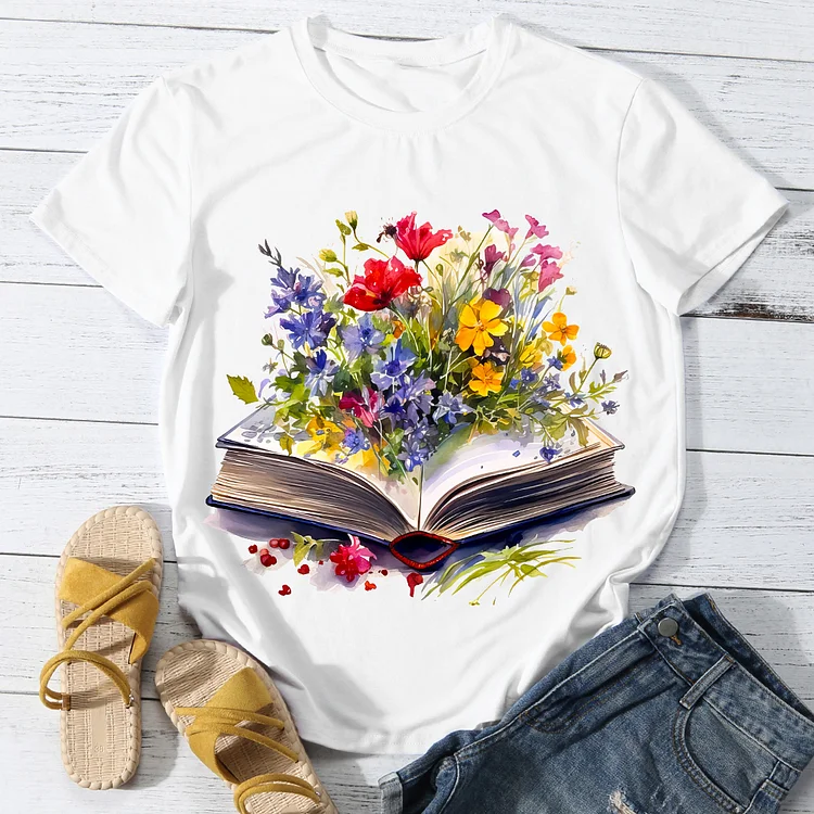 Book In Flowers Woman's Casual Round Neck T-Shirt -BSTC1645