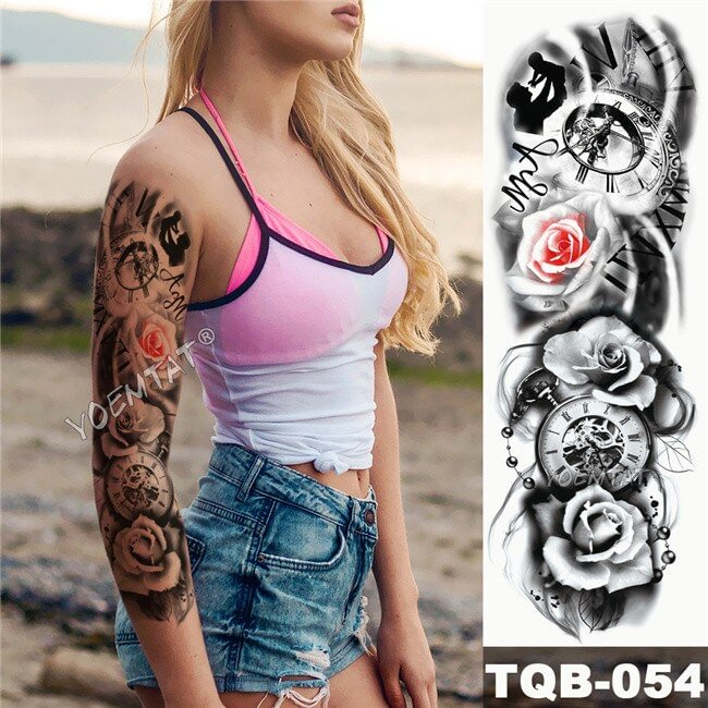 Gingf Arm Sleeve Tattoo Family Time Waterproof Temporary Tattoo Sticker Rose Mechanical Clock Men Full Skull Tatoo Women