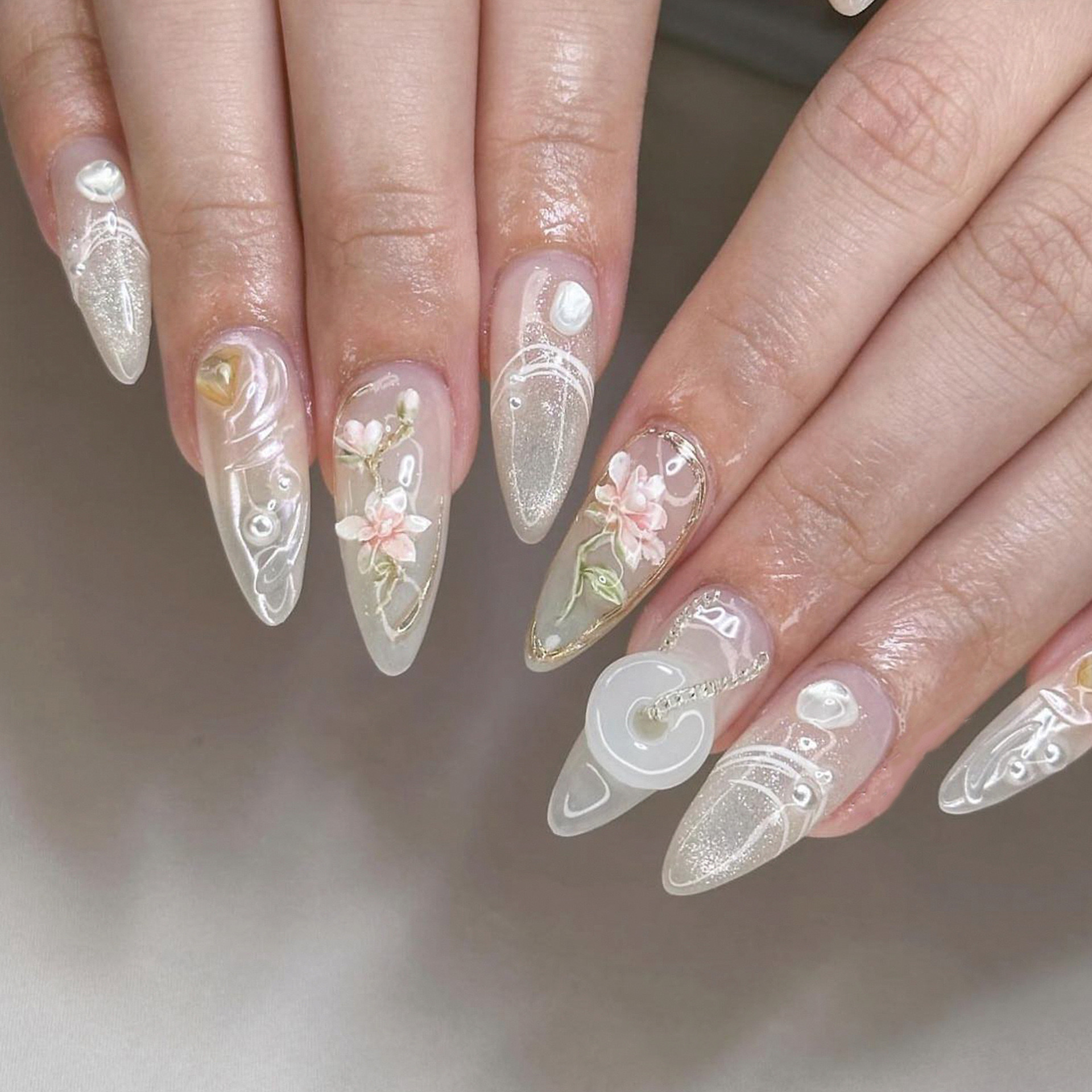 Bayuyun Spring Gel Nails – 24Pcs Light Blue Smudge Almond Gold Leaf Press on Nails Long Full Cover Tips  