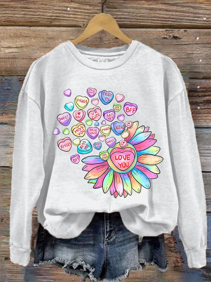 Women's Valentine's Day LOVE YOU Sunflower Candy Print Sweatshirt