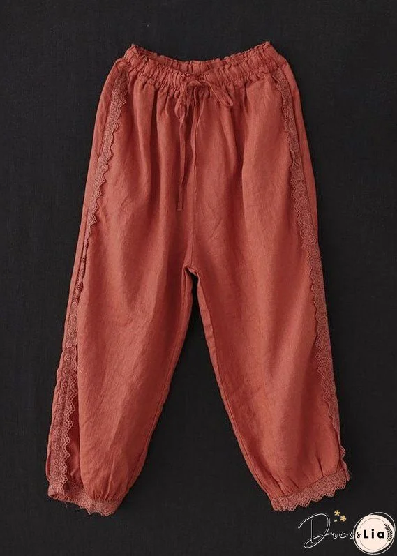 Unique Brick Red Lace Patchwork Linen Crop Pants Summer