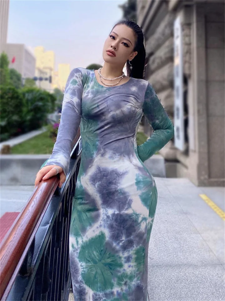 Sexy Round Neck Tight Women's Tie Dyed Buttock Dress