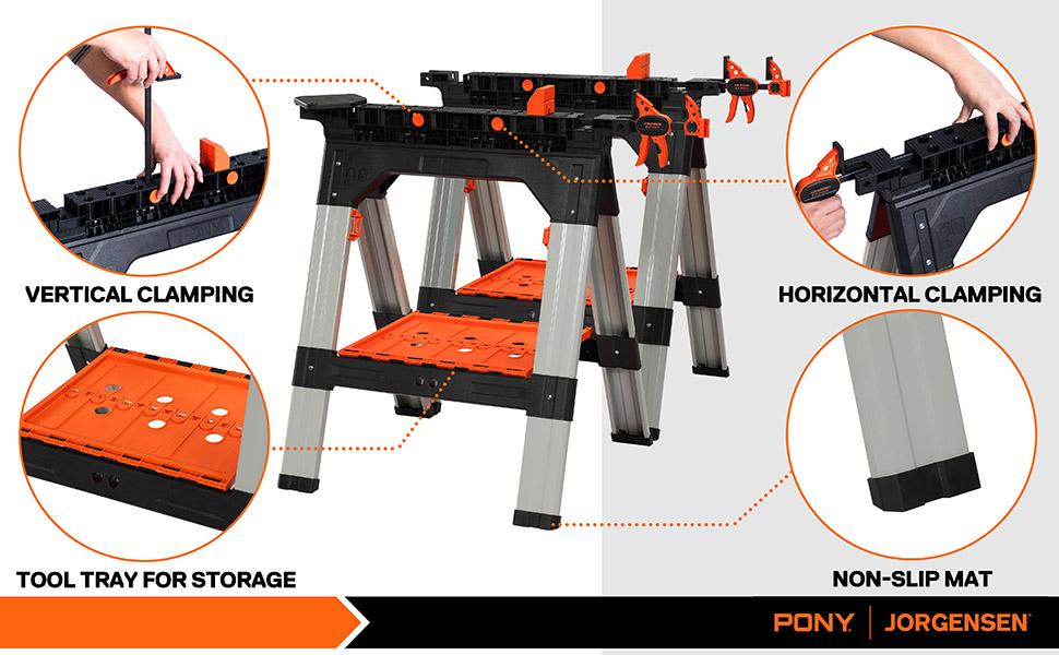 #fathersdaygift PONY 2-Pack Clamping Sawhorses, 1200 LBS Load Capacity, 30-3/4" Folding Sawhorse with 12” F Clamps, Bench Dogs, Angle Clamps, 2" Spring Clamps, Steel Legs, Heavy Duty for Woodworking