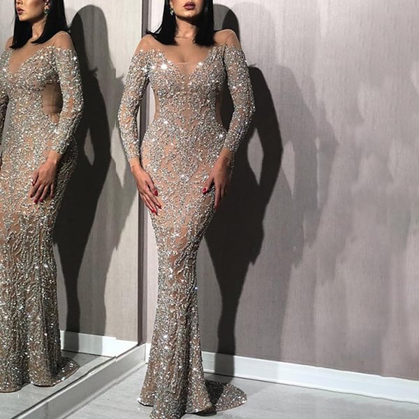 New Luxurious Sparkling Prom Dress V Neck Perspective Sequins Mermaid Evening Dress Party Dress Lady Wedding Dress - BlackFridayBuys