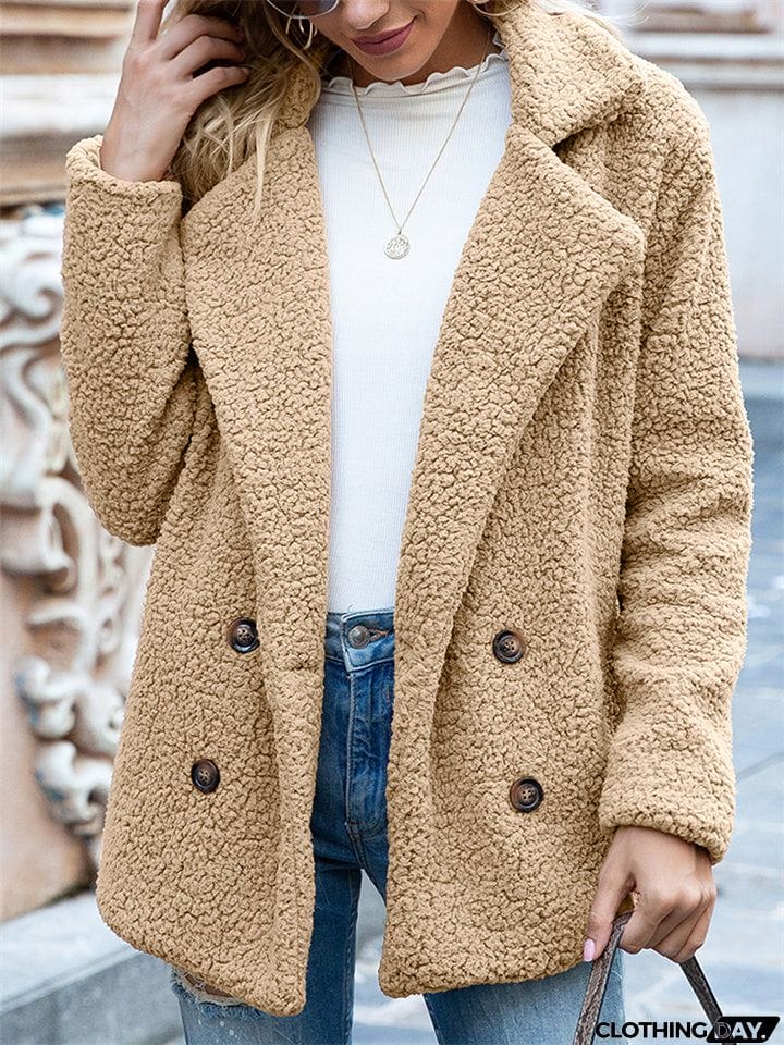 Casual Trendy Lapel Buttons Solid Color Coat For Women