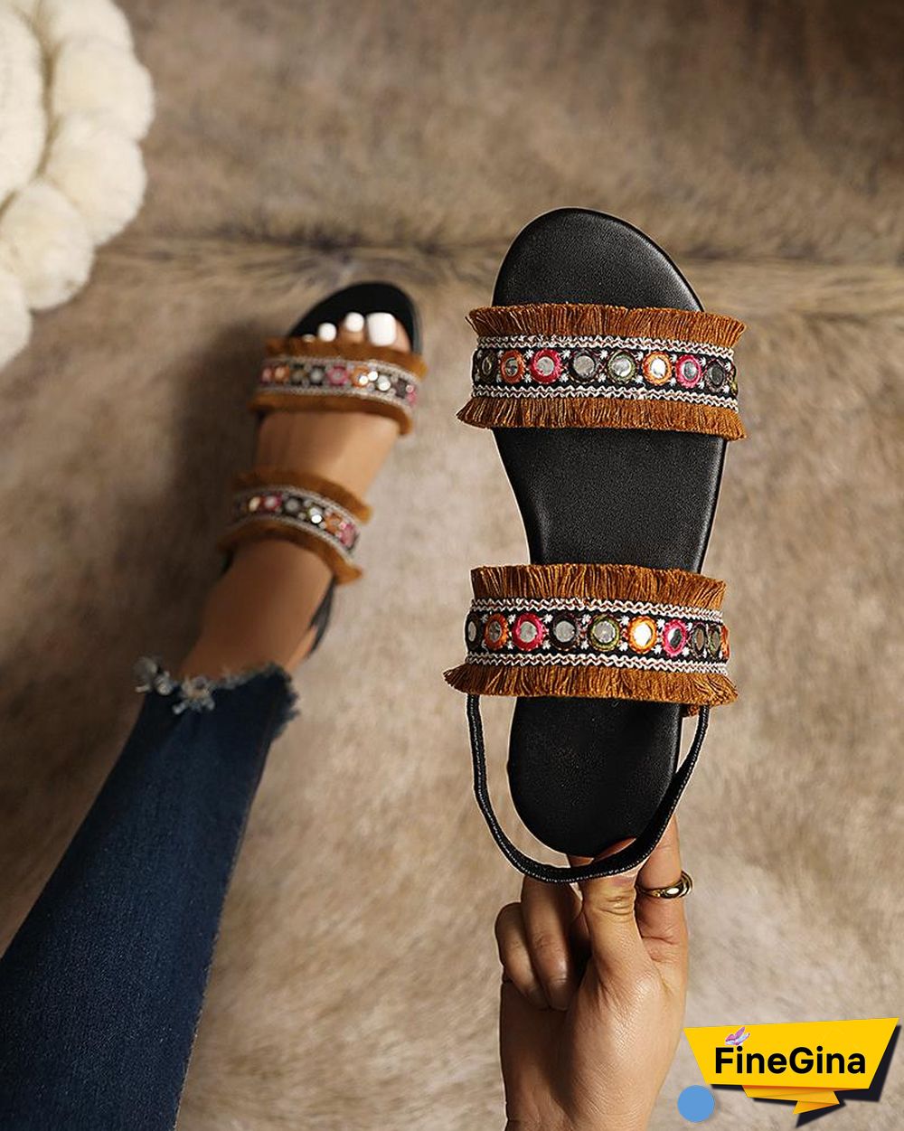 Boho Tassel Patchwork Roune-toe Flat Sandals