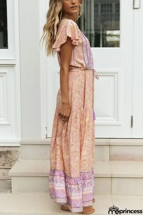 Boho Print Button Tassesl Maxi Dress