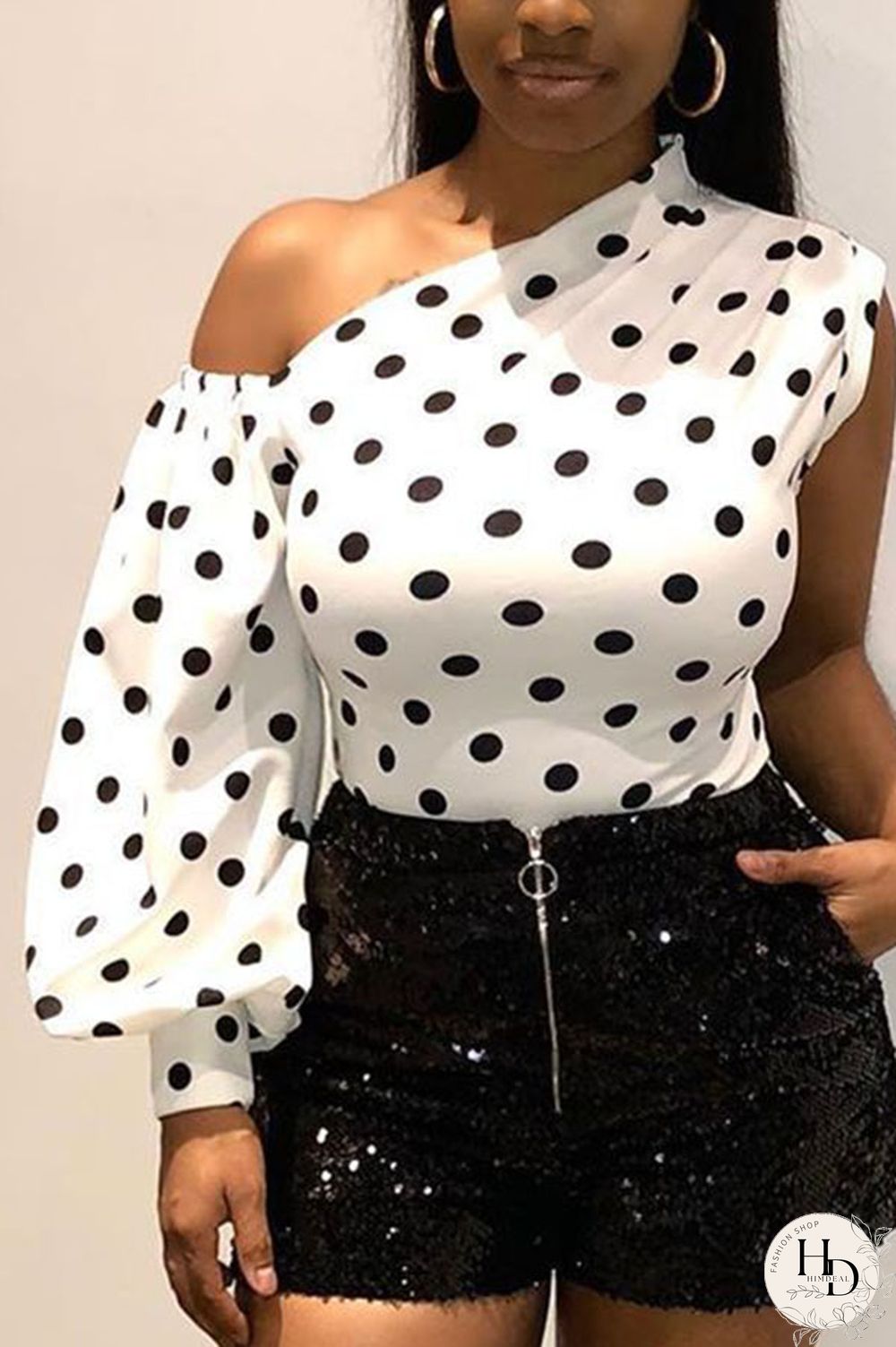 Black One Shoulder Collar Long Sleeve Print Tops