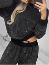 Women's Shiny Sequin Long Sleeve Round Neck Loose Top Drawstring Wide-leg Two-piece Set