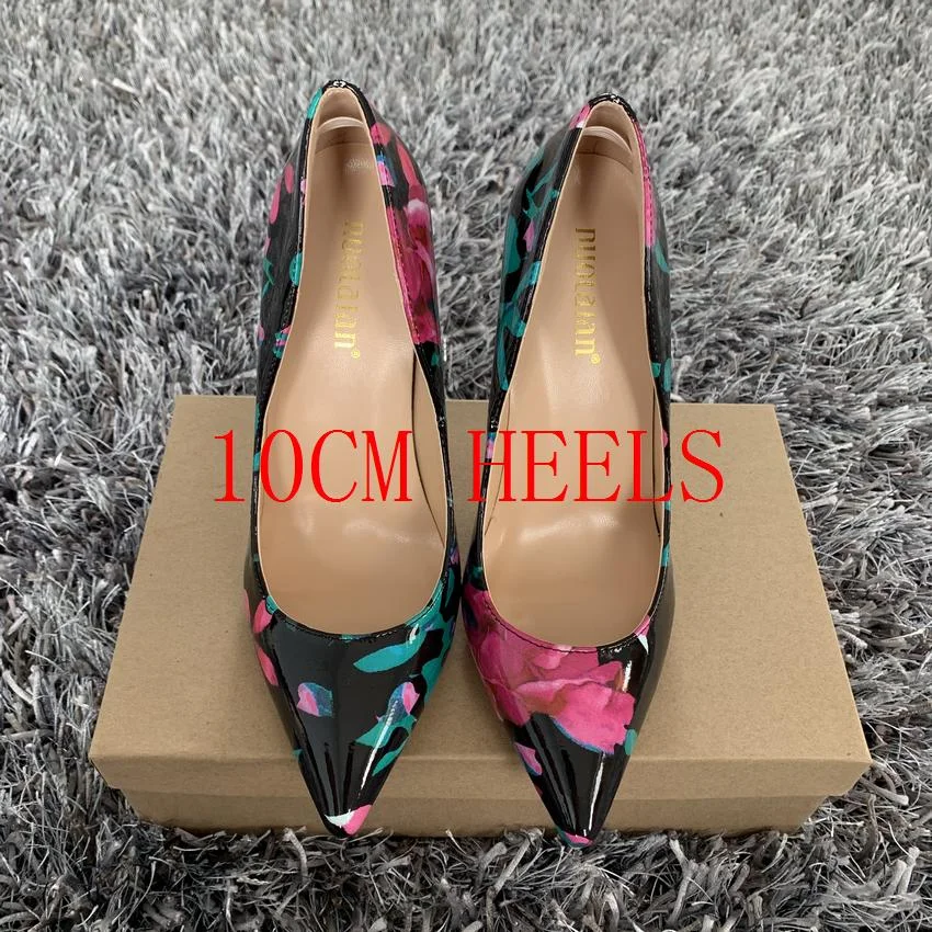 Fashion Women Shoes Stiletto 12cm/10cm/8cm High Heels Women Pumps Floral Print Patent Leather Ladies Party Wedding Woman Shoes